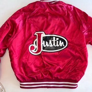 Vtg Medium 80s 90s Justin Boots Big Logo Red Satin Button Up Bomber Jacket USA